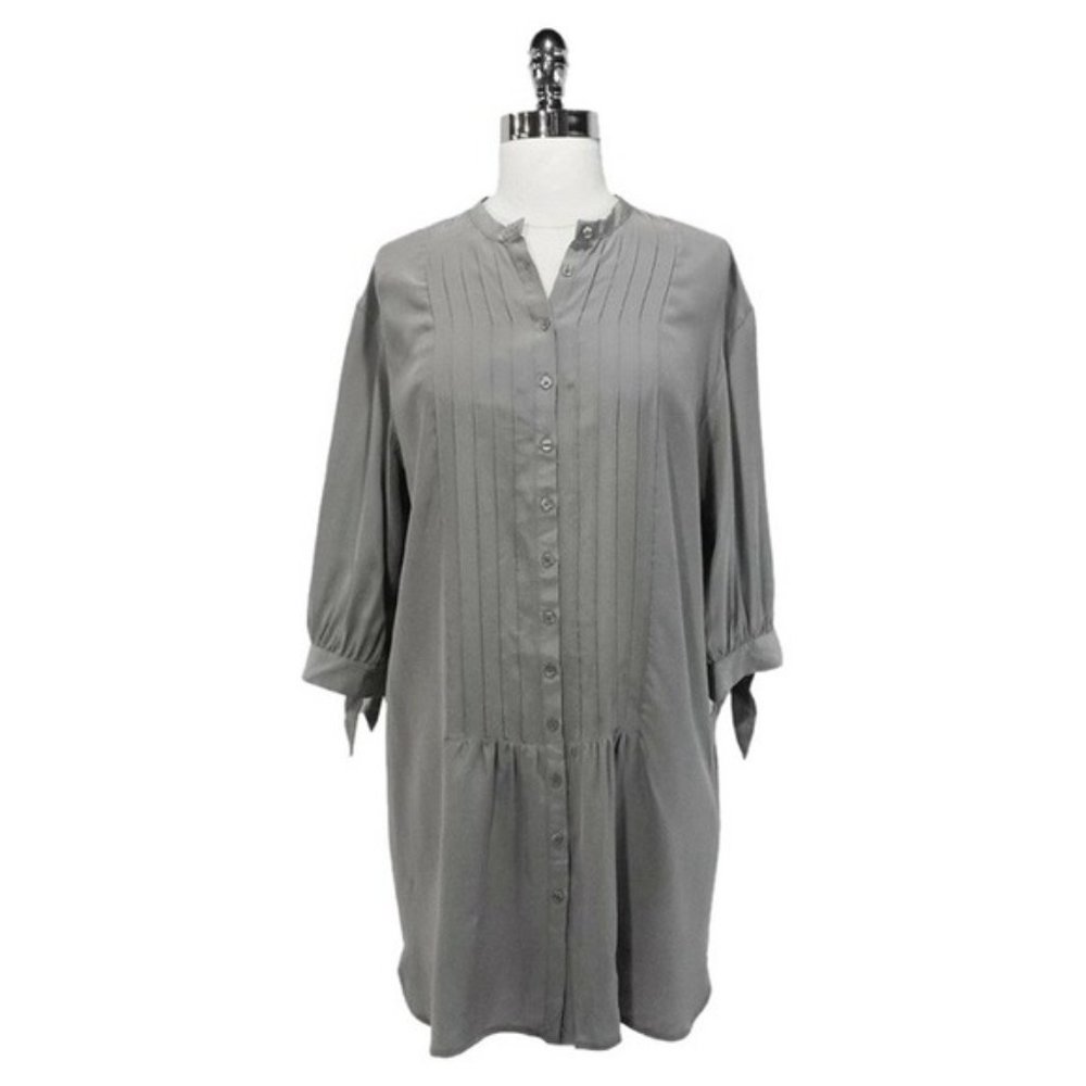 New Club Monaco 100% silk button down tie sleeve drop waist shift shirt dress